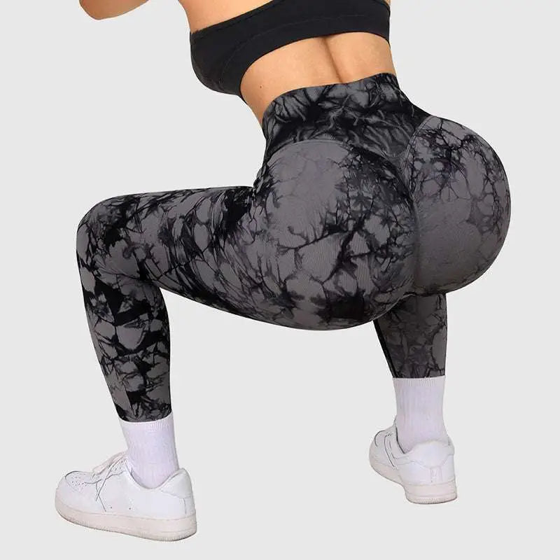 Seamless tie dye leggings women high waisted yoga pants in black and gray with ribbed waistband design