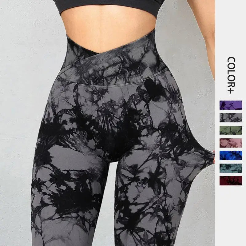 Seamless tie dye leggings women high waisted yoga pants in black and gray with ribbed waistband design
