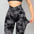Seamless tie dye high waisted yoga leggings women black and gray floral pattern made from stretchy fabric