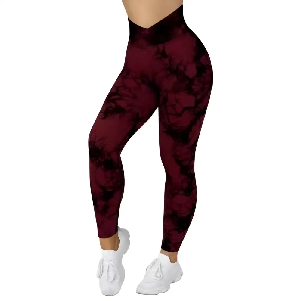 Seamless tie dye high waisted yoga leggings for women in maroon and black with a comfortable stretch fit