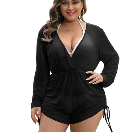 seamoly Plus Size Swimsuit Sheer Beach Cover Up for Women Long Sleeve Side Drawstring Basics Cover Up Romper Black L - Royalessencelux