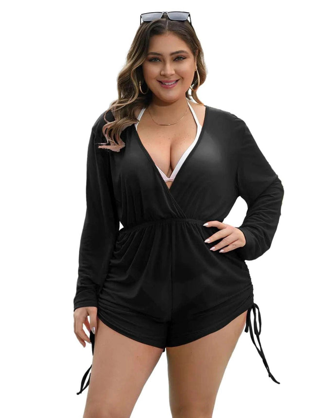 seamoly Plus Size Swimsuit Sheer Beach Cover Up for Women Long Sleeve Side Drawstring Basics Cover Up Romper Black L - Royalessencelux