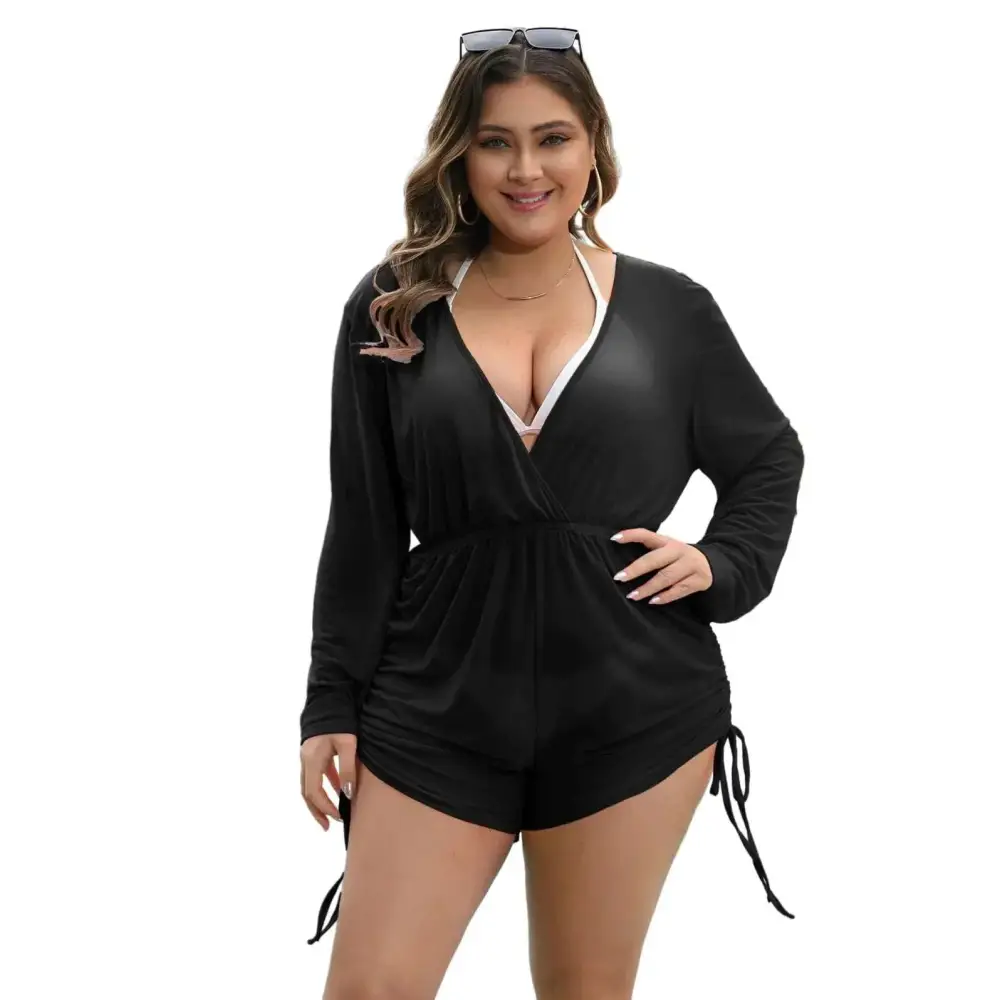 Seamoly plus size swimsuit sheer romper cover up in black with white lining and side ties for a stylish look