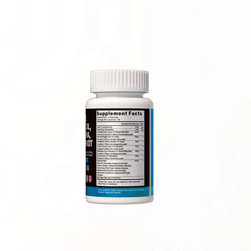White plastic seaweed capsules bottle with black label showing detailed nutritional information on back side