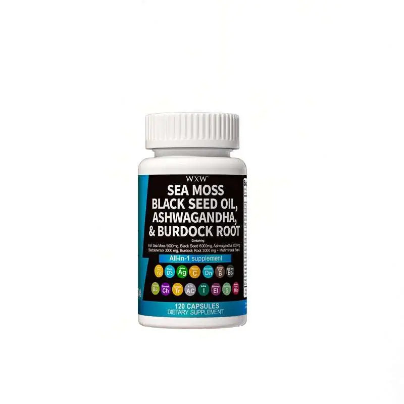 White plastic bottle of wxx seaweed capsules with black seed oil burdock root and ashwagandha ingredients label