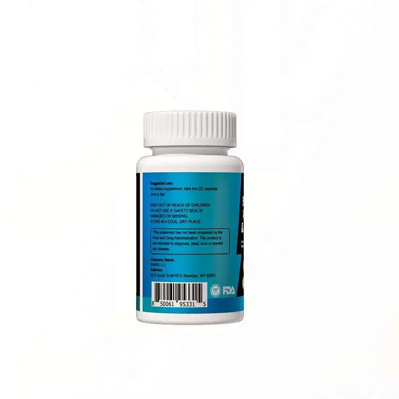 White plastic bottle of seaweed capsules with sea moss and ashwagandha featuring fda certification and blue label