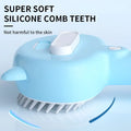 Light blue silicone dog grooming brush with soft comb teeth and white handle for self-cleaning mist cat grooming