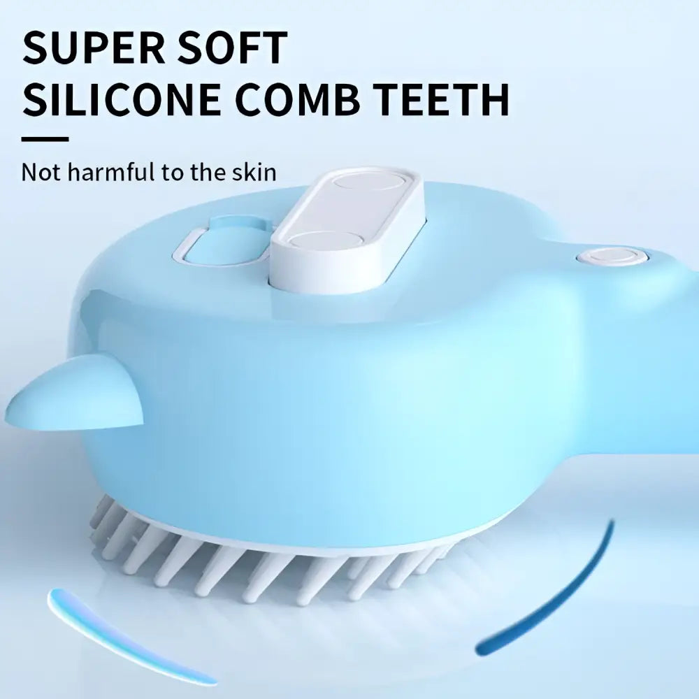 Light blue silicone dog grooming brush with soft comb teeth and white handle for self-cleaning mist cat grooming
