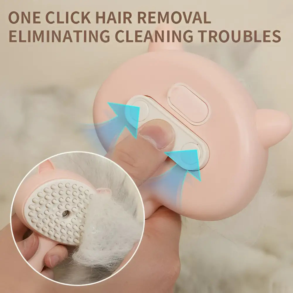 Pink pig-shaped self-cleaning mist cat and dog grooming brush with soft silicone one-click pet hair remover head