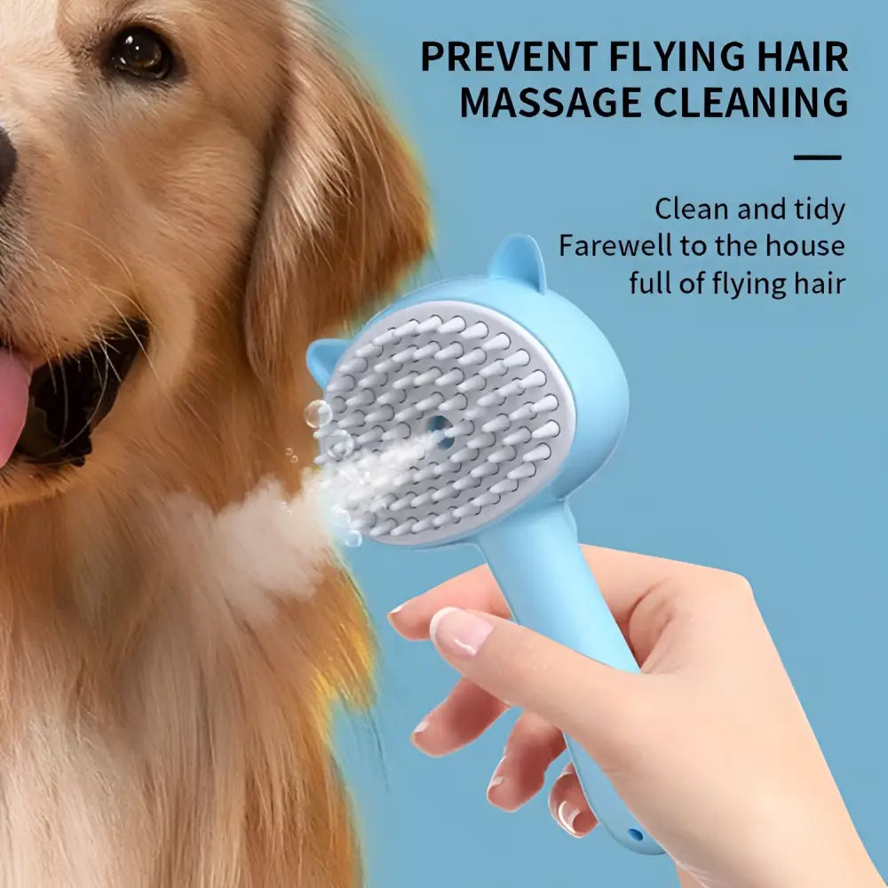 Light blue cat-shaped self-cleaning mist cat and dog grooming brush with white bristles for easy pet care