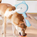 Light blue cat-shaped self-cleaning mist cat and dog grooming brush with small bristles and pointed ears for pets