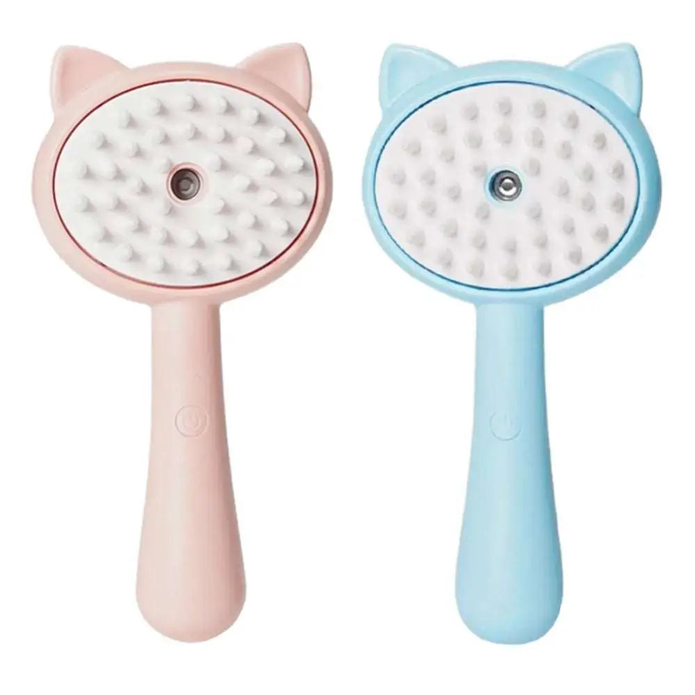 Pink and blue cat-shaped self-cleaning mist cat and dog grooming brush with soft silicone bristles for pet grooming