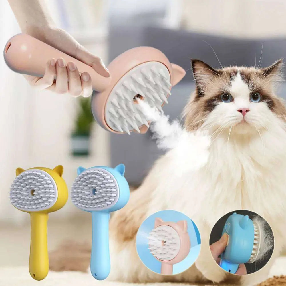Pink cat-shaped grooming brush with soft bristles and self-cleaning mist for cat and dog grooming brush use