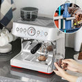 Silver semi-automatic coffee machine with grinder and gauge featuring red accents and sleek modern design for household use