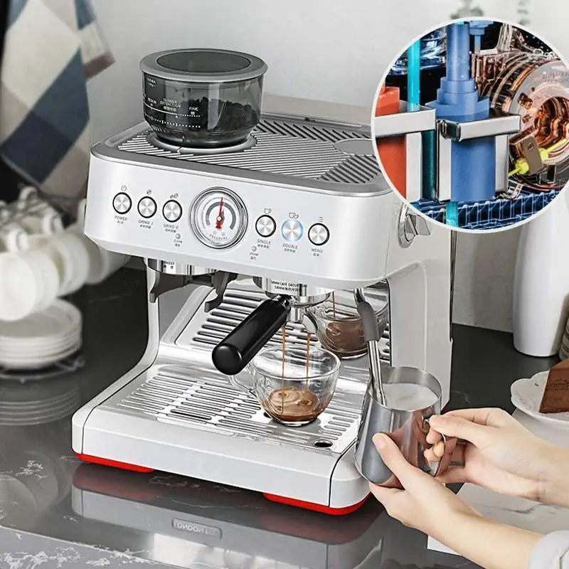 Silver semi-automatic coffee machine with grinder and gauge featuring red accents and sleek modern design for household use