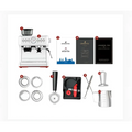 White and red semi-automatic coffee machine with silver portafilter pressure gauge and steam wand for household use