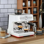 White and red semi-automatic coffee machine with stainless steel portafilter pressure gauge and built-in grinder in sleek modern design