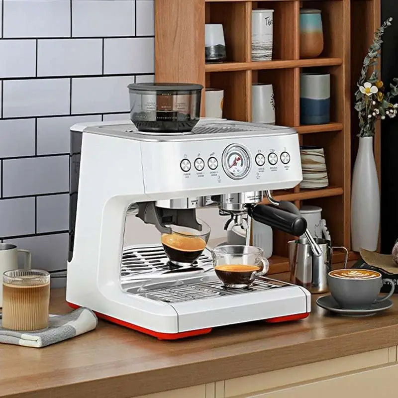 White and red semi-automatic coffee machine with stainless steel portafilter pressure gauge and built-in grinder in sleek modern design
