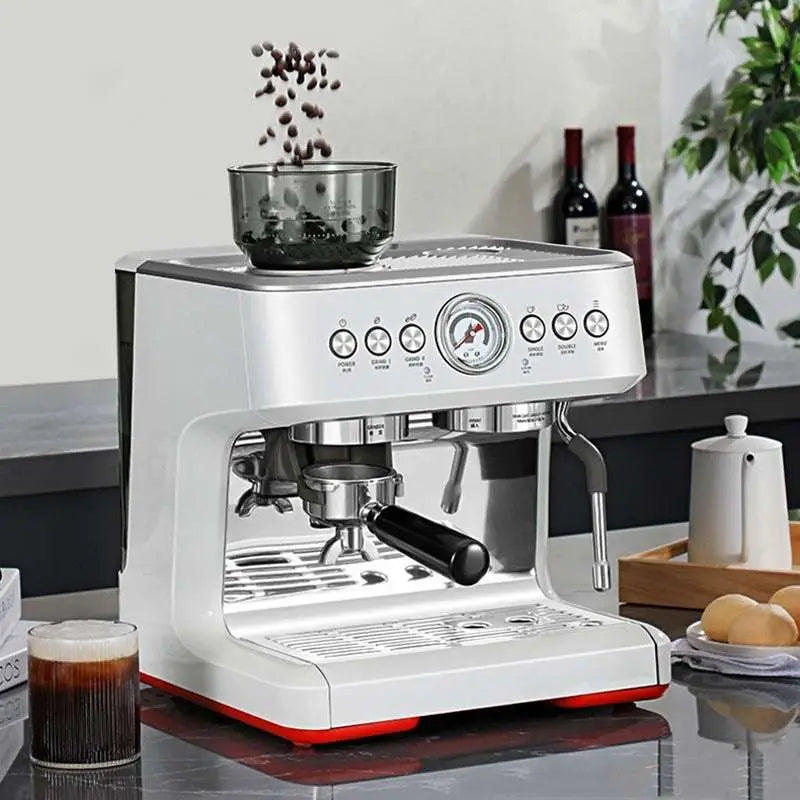 White and red semi-automatic coffee machine with stainless steel portafilter, pressure gauge, and built-in grinder