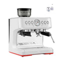 White and red semi-automatic coffee machine with stainless steel portafilter handle, pressure gauge, and sleek modern design