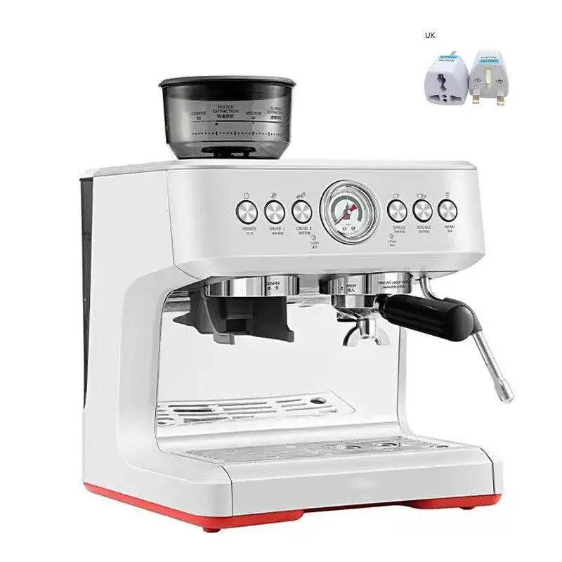White and red semi-automatic coffee machine with grinder, transparent bean hopper, stainless steel accents, and sleek modern design