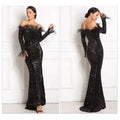 Black sequined off-the-shoulder fishtail gown with long sleeves and burgundy feather shoulder accents for formal events