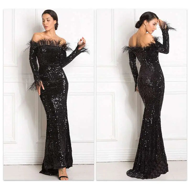 Black sequined off-the-shoulder fishtail gown with long sleeves and burgundy feather shoulder accents for formal events