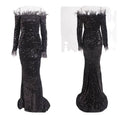 Black sequined off-the-shoulder fishtail gown with burgundy feather trim on shoulders and cuffs for formal events