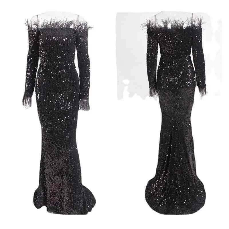 Black sequined off-the-shoulder fishtail gown with burgundy feather trim on shoulders and cuffs for formal events