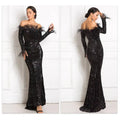 Black sequined off-the-shoulder fishtail gown with long sleeves and burgundy feather shoulder accents for formal events