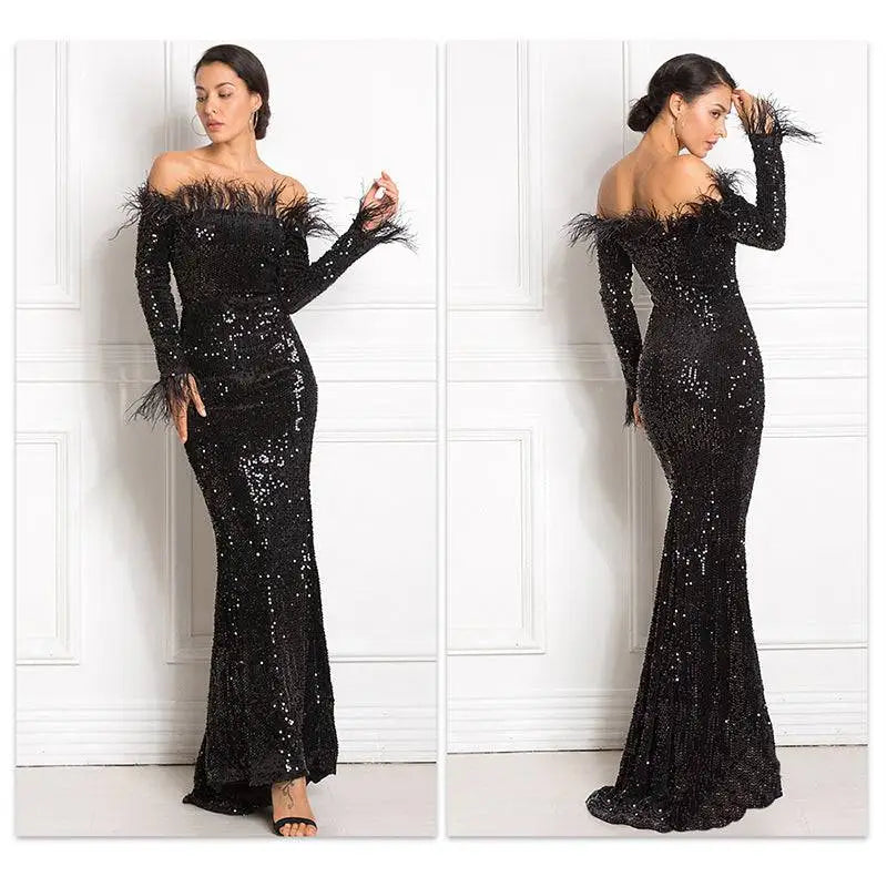 Black sequined off-the-shoulder fishtail gown with long sleeves and burgundy feather shoulder accents for formal events
