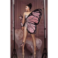 Back view of a shimmering silver sequin butterfly latin dance skirt dress with large pink and black wings attached