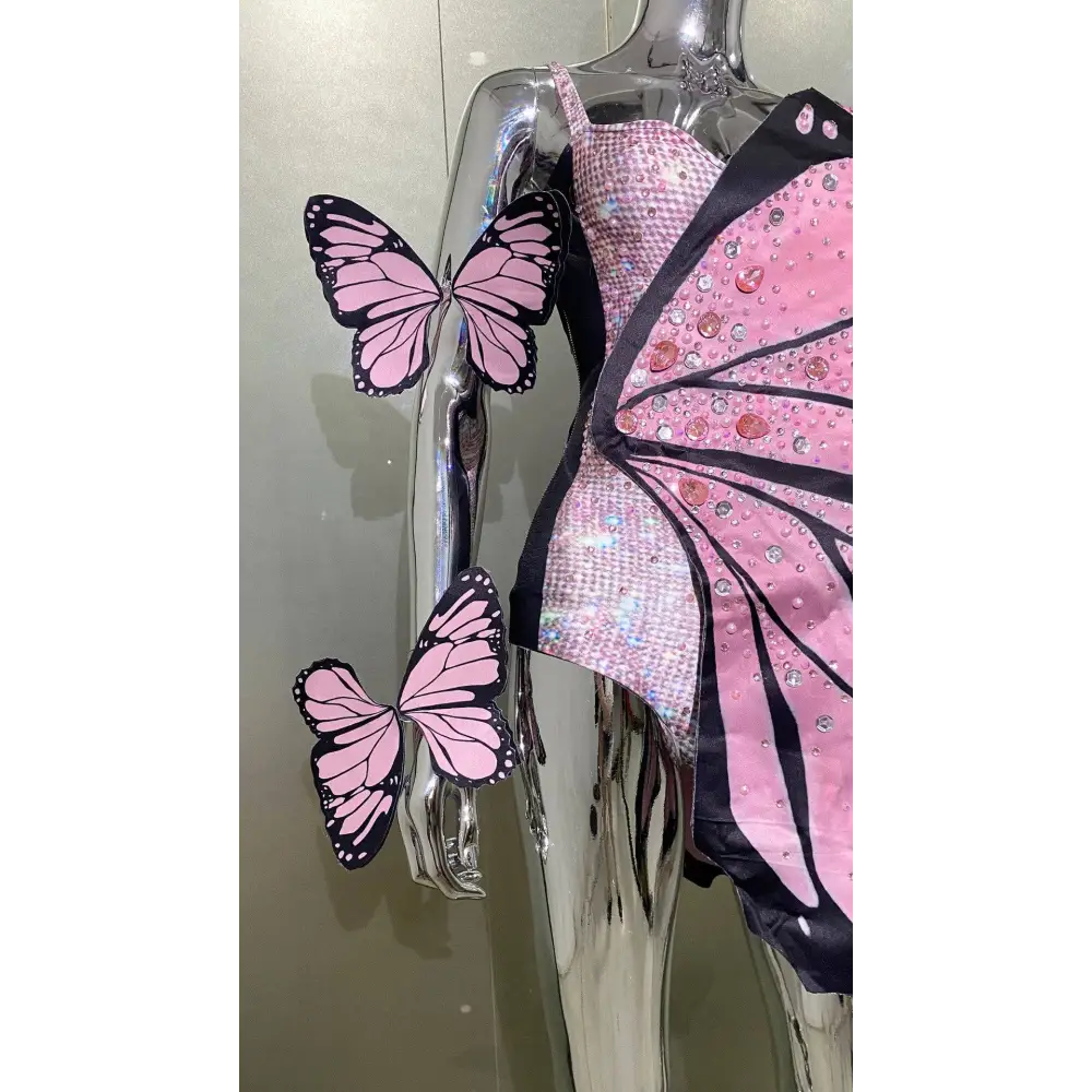 Pink and black sequin butterfly latin dance skirt dress with sequined wings made of net yarn stretch fabric
