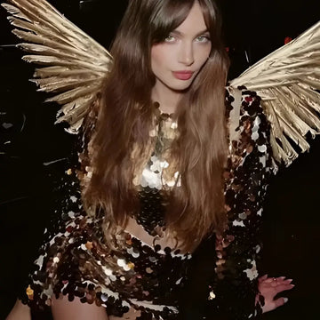 Sequined angel long sleeve round neck evening dress in shimmering black and gold sequins with feathered wings