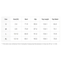 Size chart for sequined angel shimmering gold long sleeve round neck evening dress with measurements in cm and inches