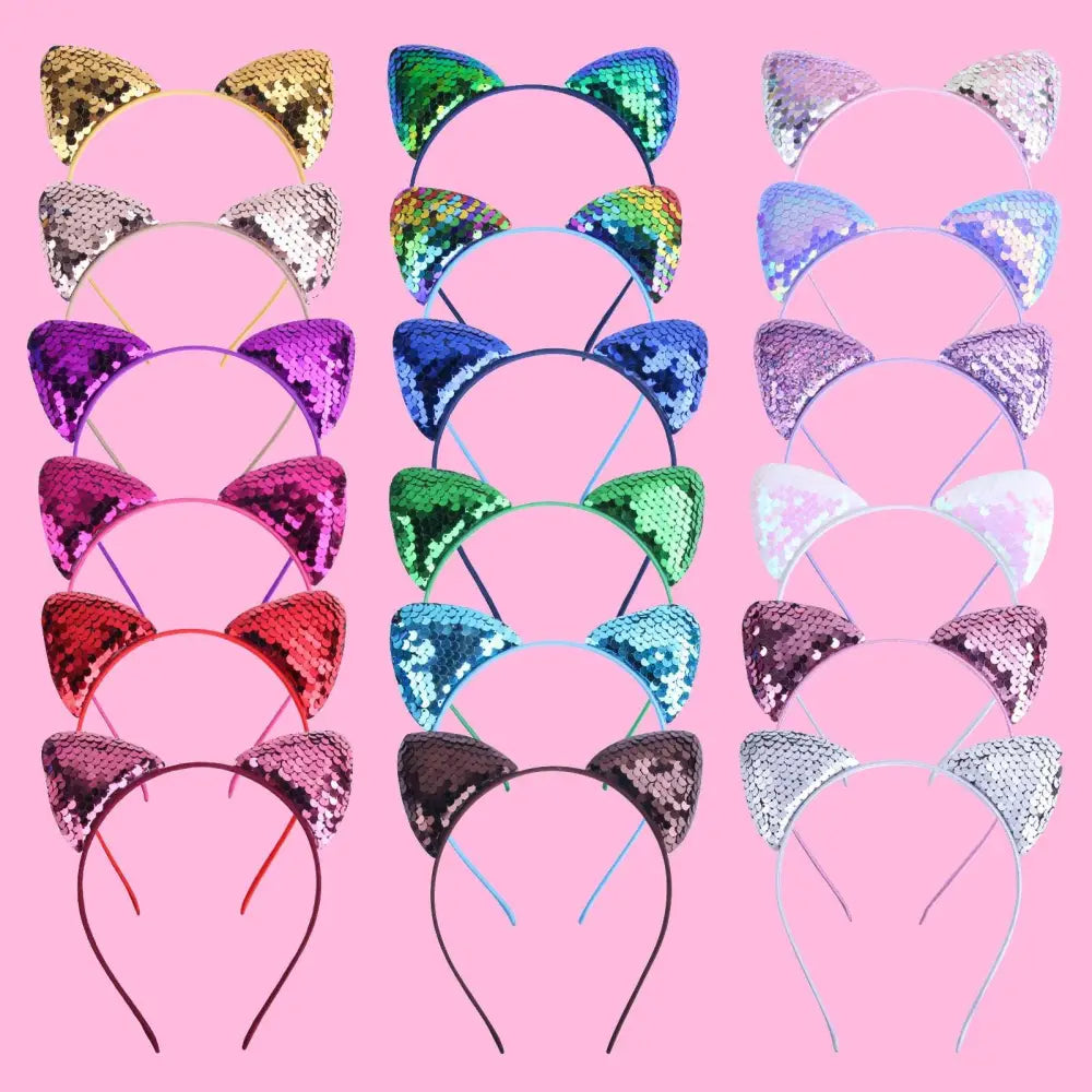 A collection of colorful sequined cat ear cartoon sweet headband hairpins in gold silver rainbow purple and more