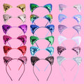A collection of colorful sequined cat ear cartoon sweet headband hairpins in gold silver rainbow purple and more