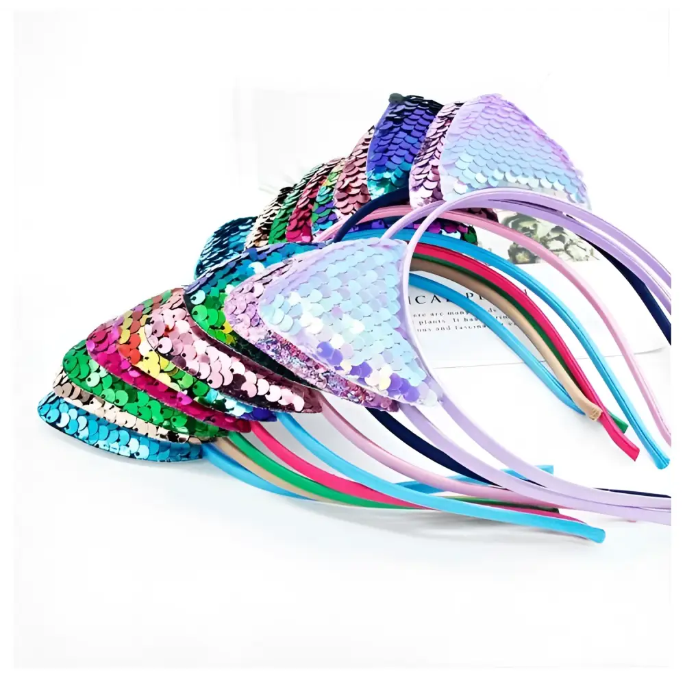 A collection of colorful sequined cat ear cartoon sweet headband hairpins in gold silver rainbow purple and more