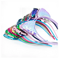A collection of colorful iridescent sequined cat ear sweet headband hairpins with mermaid-scale patterns