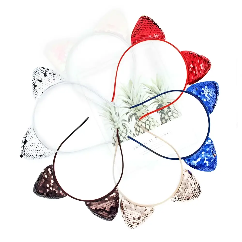 A collection of sequined cat ear sweet headband hairpins in red blue silver and black for cartoon style use