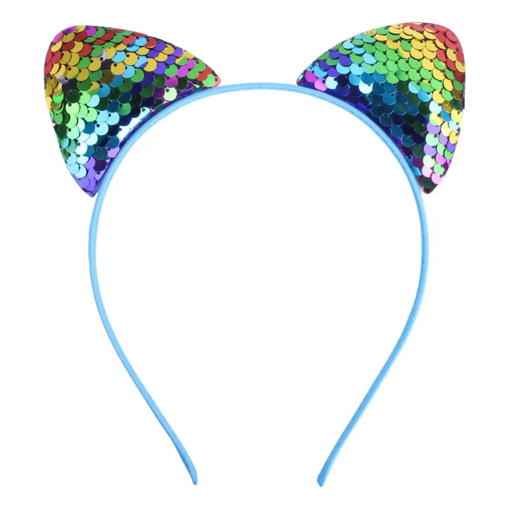 Rainbow sequined cat ear sweet headband hairpin with light blue elastic band for cartoon sweet headband style
