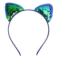Shimmering iridescent green and blue sequined cat ear sweet headband hairpin with navy elastic band for cartoon style