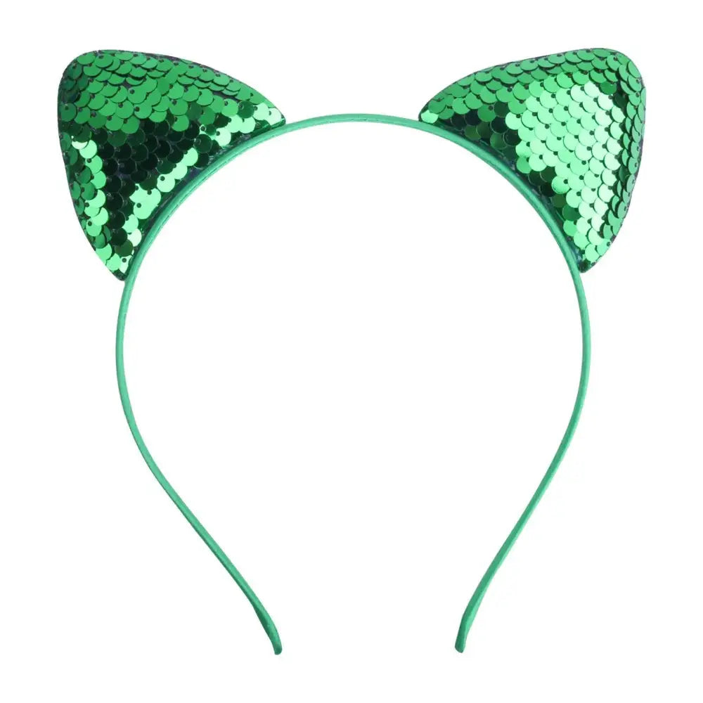 Green sequined cat ear sweet headband hairpin made of shiny fabric for a cartoon sweet headband look