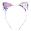 Pink sequined cat ear sweet headband hairpin with iridescent purple and silver scales for cartoon style looks