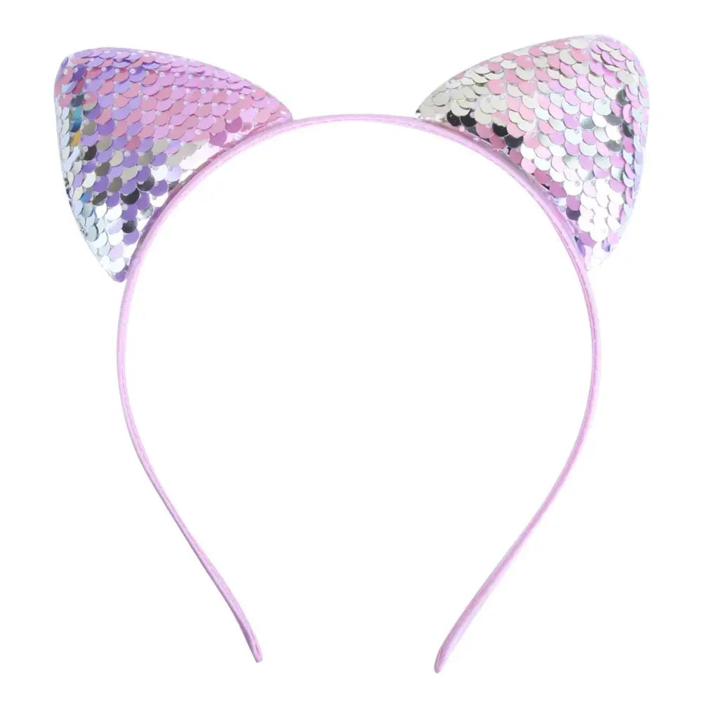 Pink sequined cat ear sweet headband hairpin with iridescent purple and silver scales for cartoon style looks