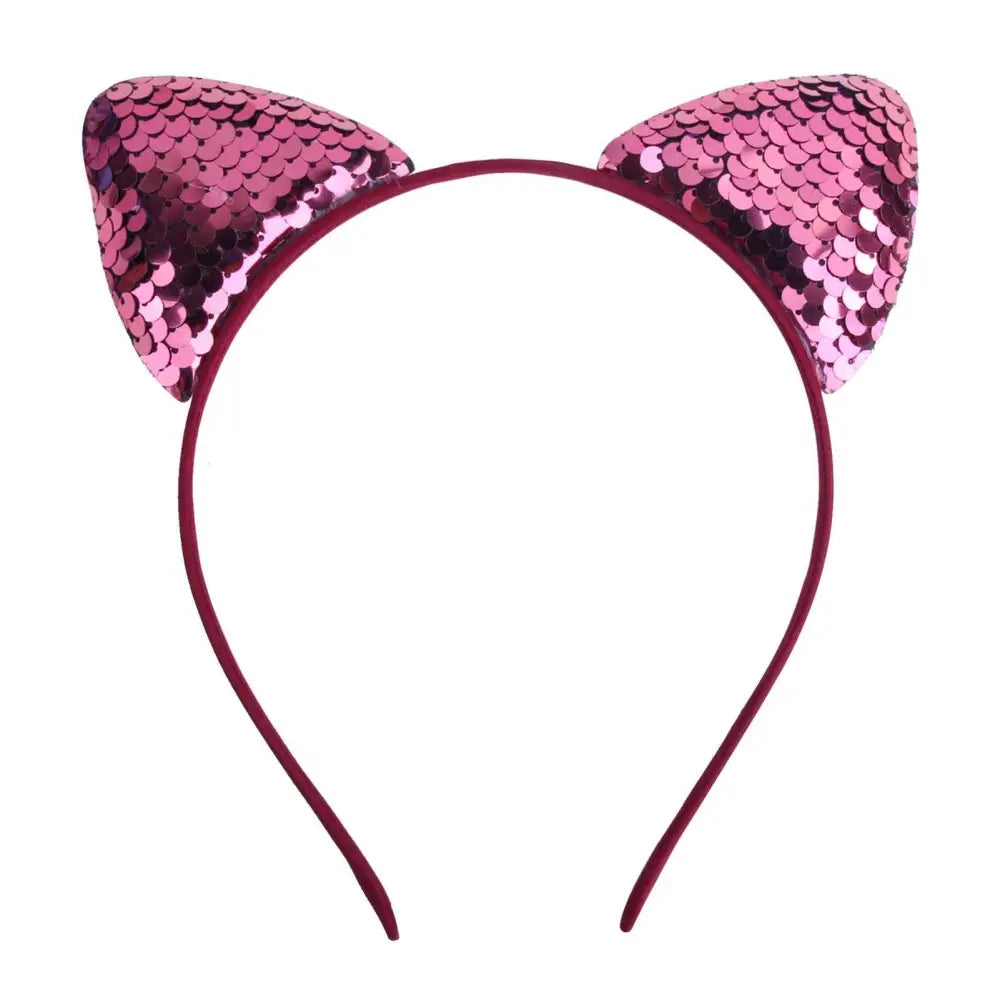 Pink sequined cat ear sweet headband hairpin with maroon elastic band for cartoon sweet headband style