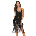 Black sequined fringed backless slip dress with thin spaghetti straps and fringe hem in shimmering fabric