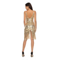 A back view of a gold sequined fringed backless slip dress with a plunging back and fringe detailing at the hem