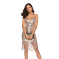A shimmering rose gold sequined fringed backless slip dress with v-neckline and fringe hem