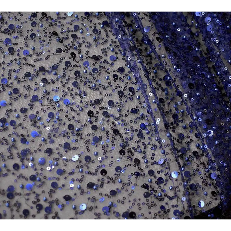 Sheer dark blue lace asymmetric dress with pearl embroidery lace and dazzling gold sequined accents in purple and black